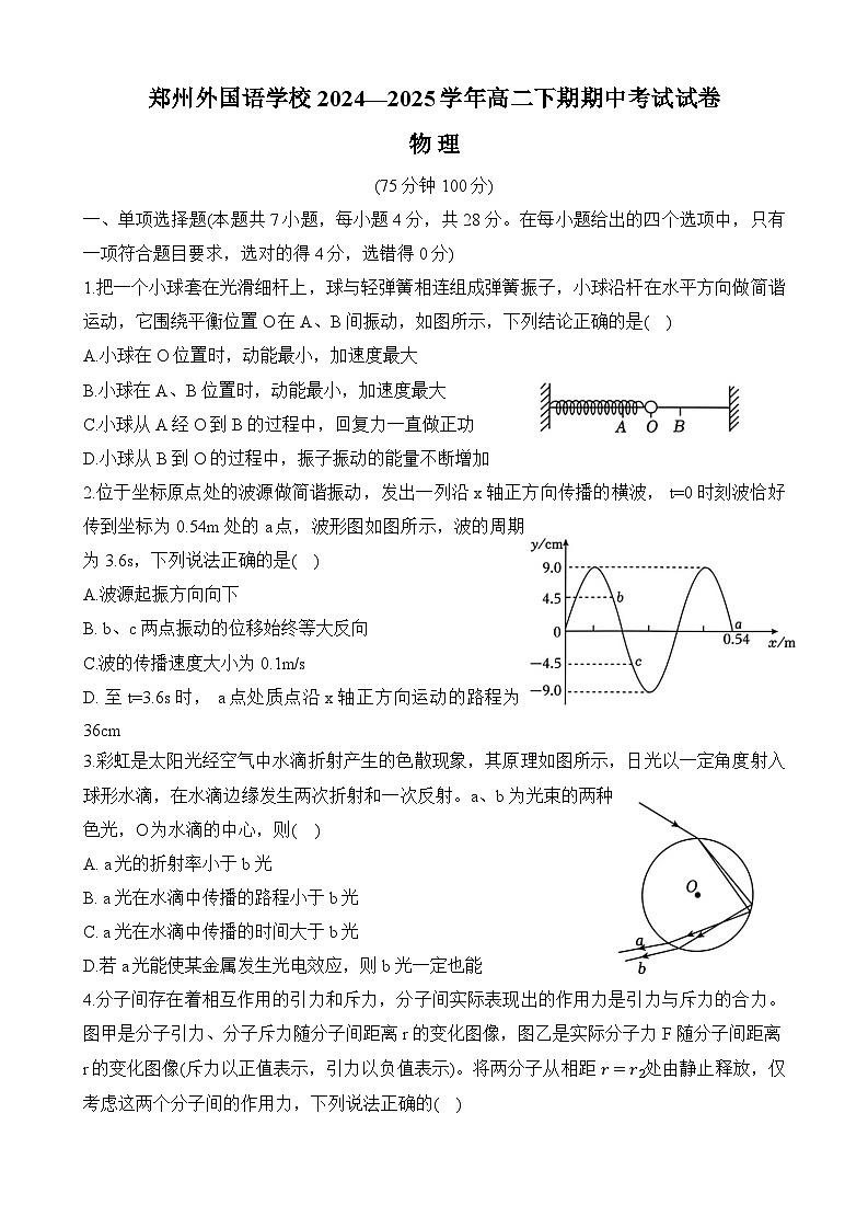 郑州外国语学校2024-2025学年高二下学期期中物理试卷第1页