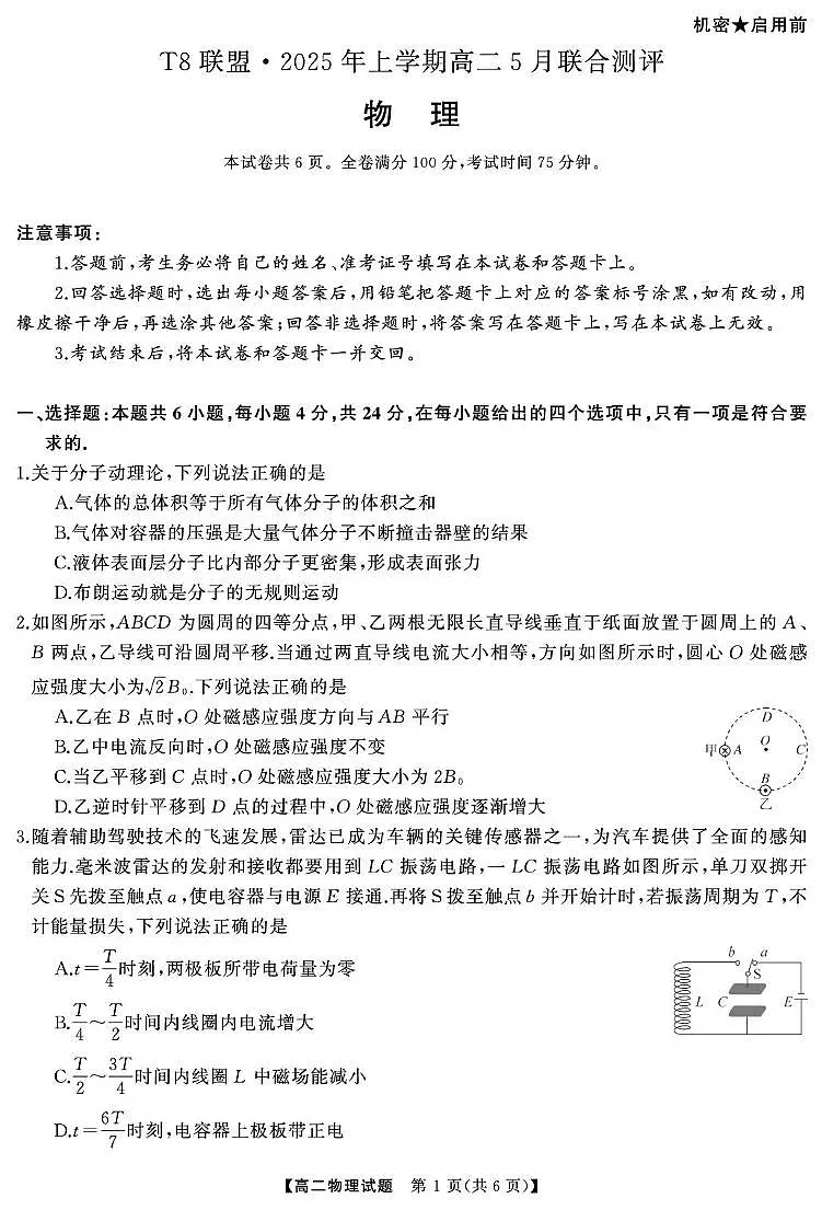 湖南天壹T8联盟2025年高二下学期5月联合测评物理试题第1页