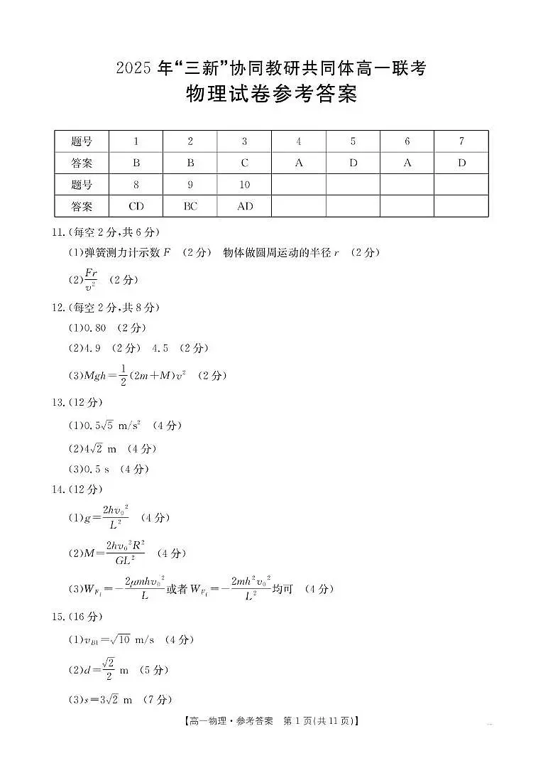 2025年江西省三新协同教研共同体高一联考 物理试卷 物理答案第1页