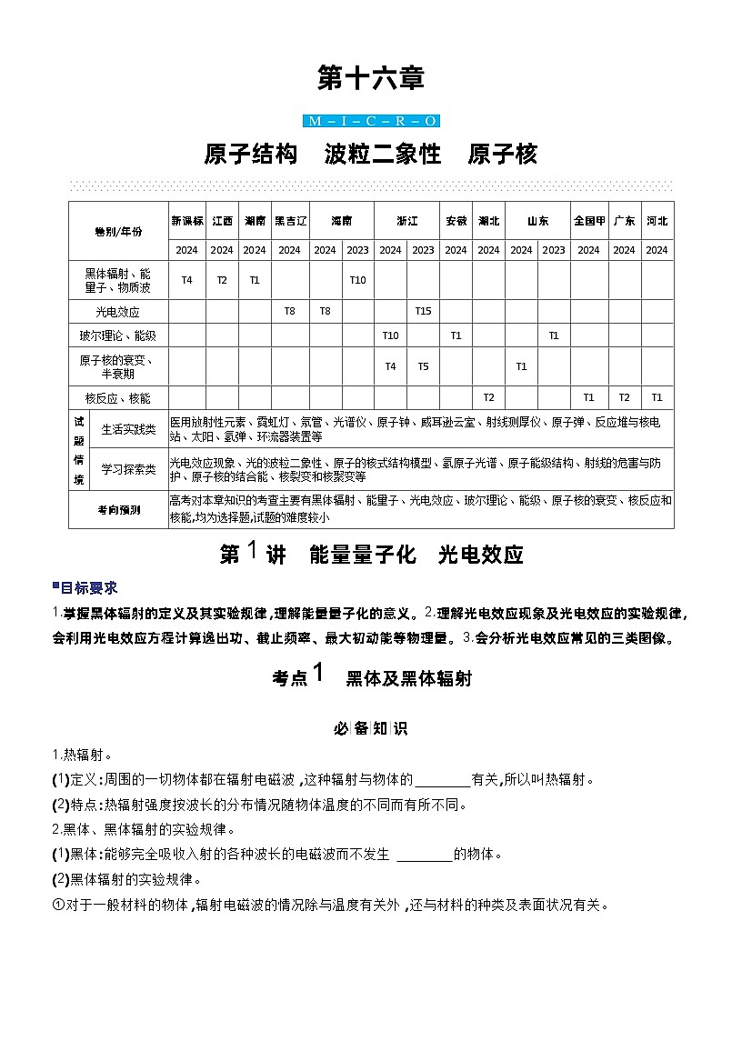 赢在微点 高考复习顶层设计 大一轮 物理学生版讲义第十六章  原子结构　波粒二象性　原子核第1页