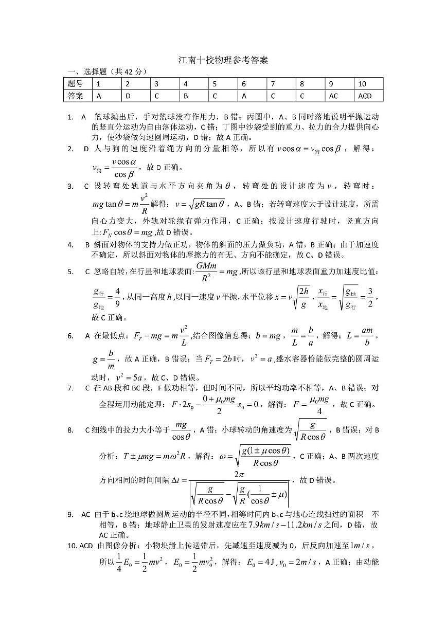 2025年“江南十校”高一年级5月份阶段联考物理试卷及答案 物理参考答案(1)第1页