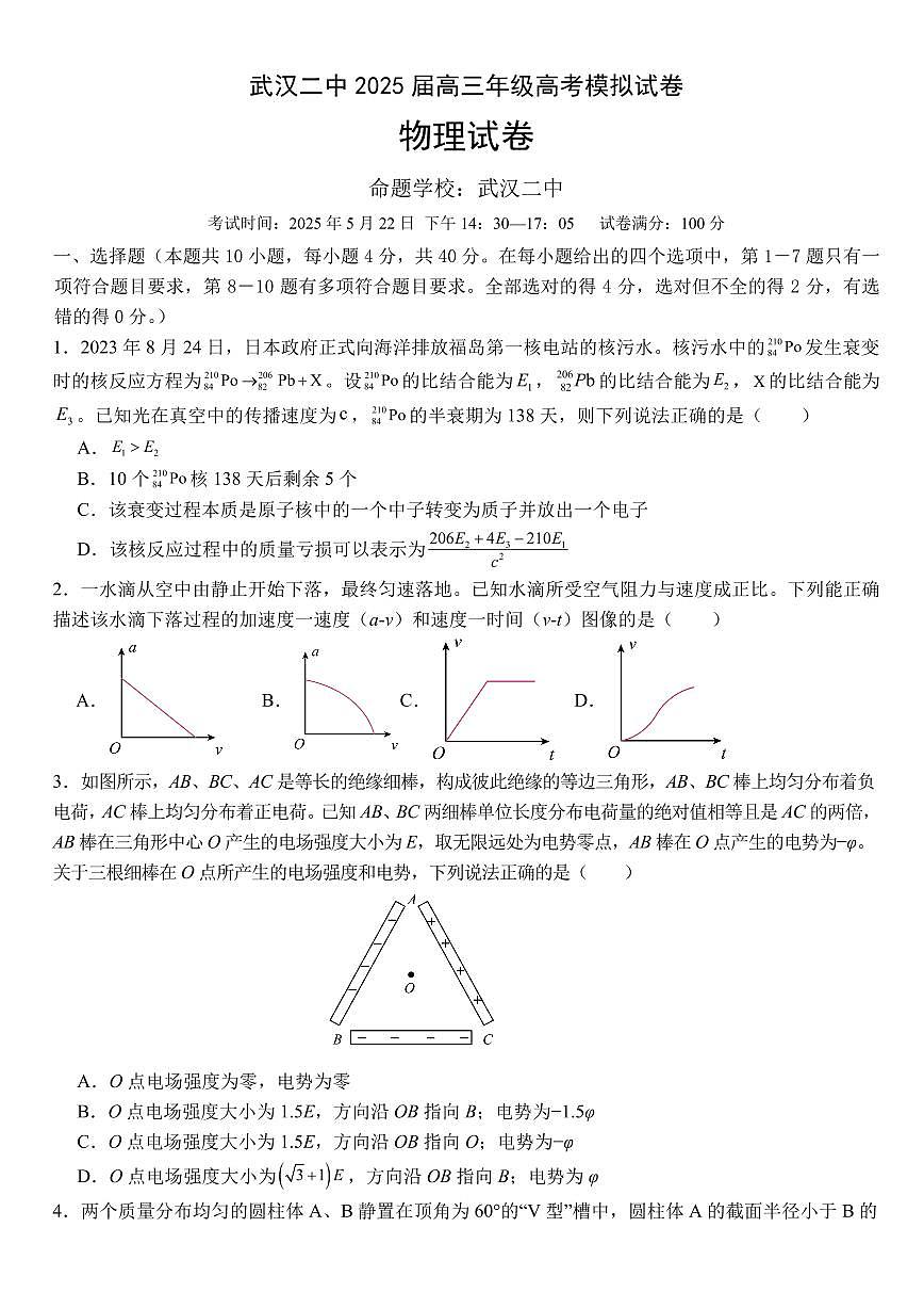 湖北省武汉二中2025届高三年级5月模拟考试物理（含答案）第1页