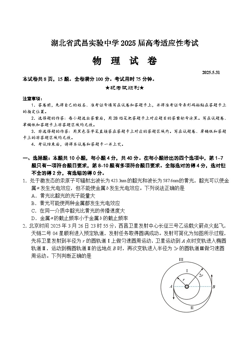 湖北省武昌实验中学2025届高三下学期高考适应性考试物理试卷（Word版附答案）第1页
