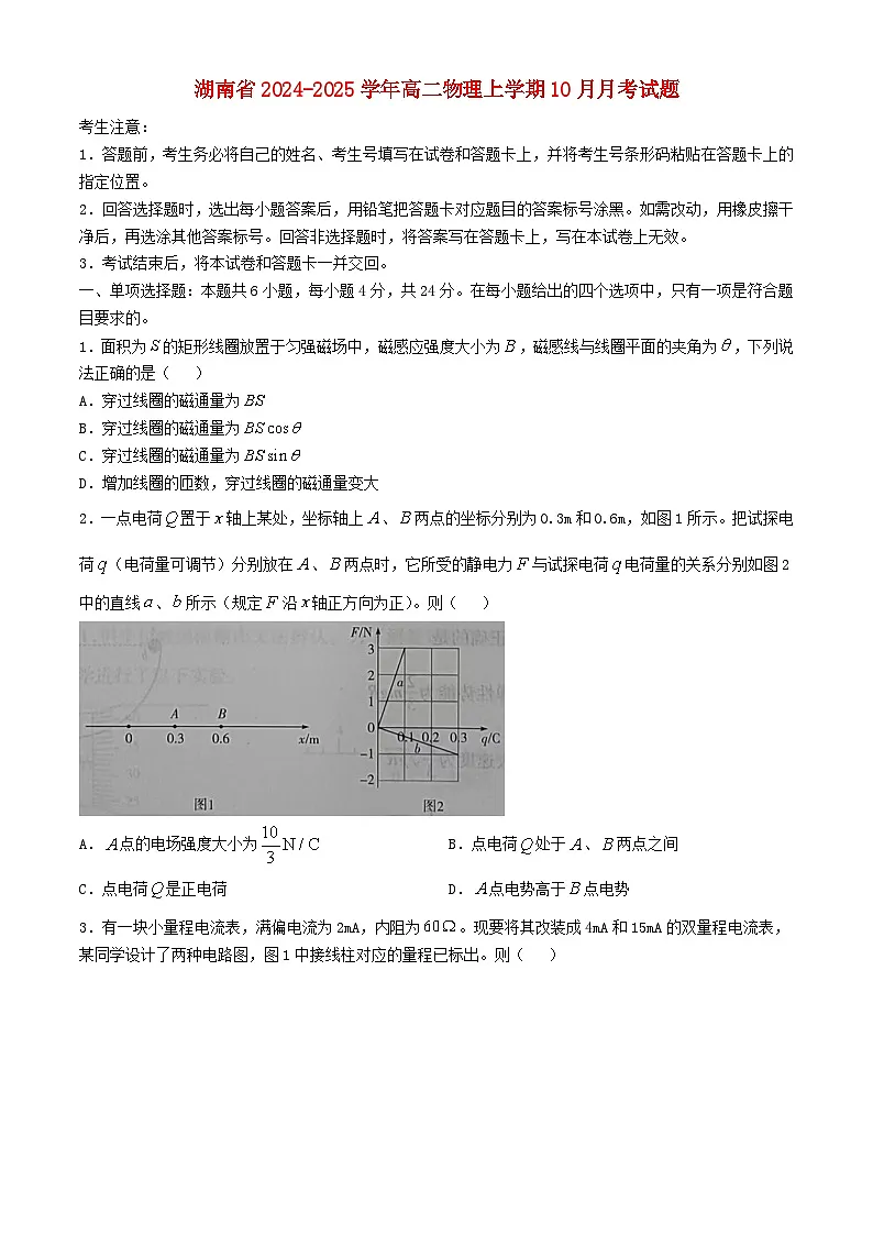 湖南省2024_2025学年高二物理上学期10月月考试题含解析第1页