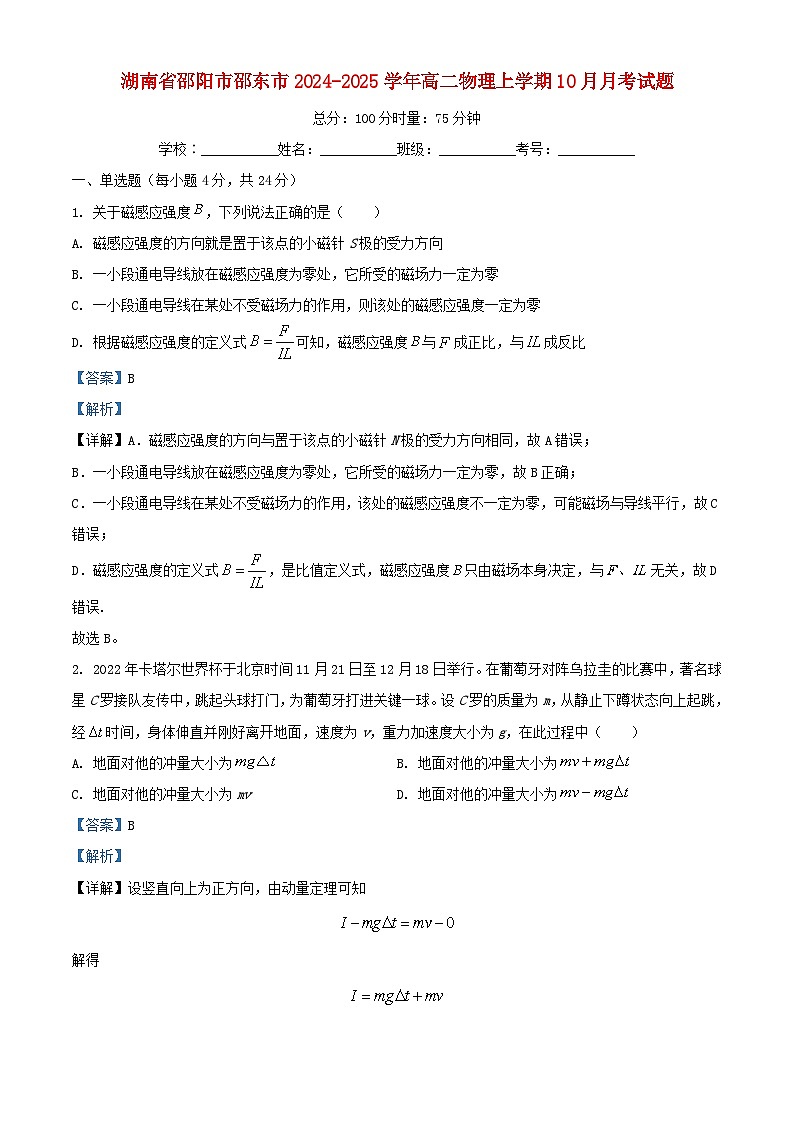 湖南省邵阳市邵东市2024_2025学年高二物理上学期10月月考试题含解析第1页