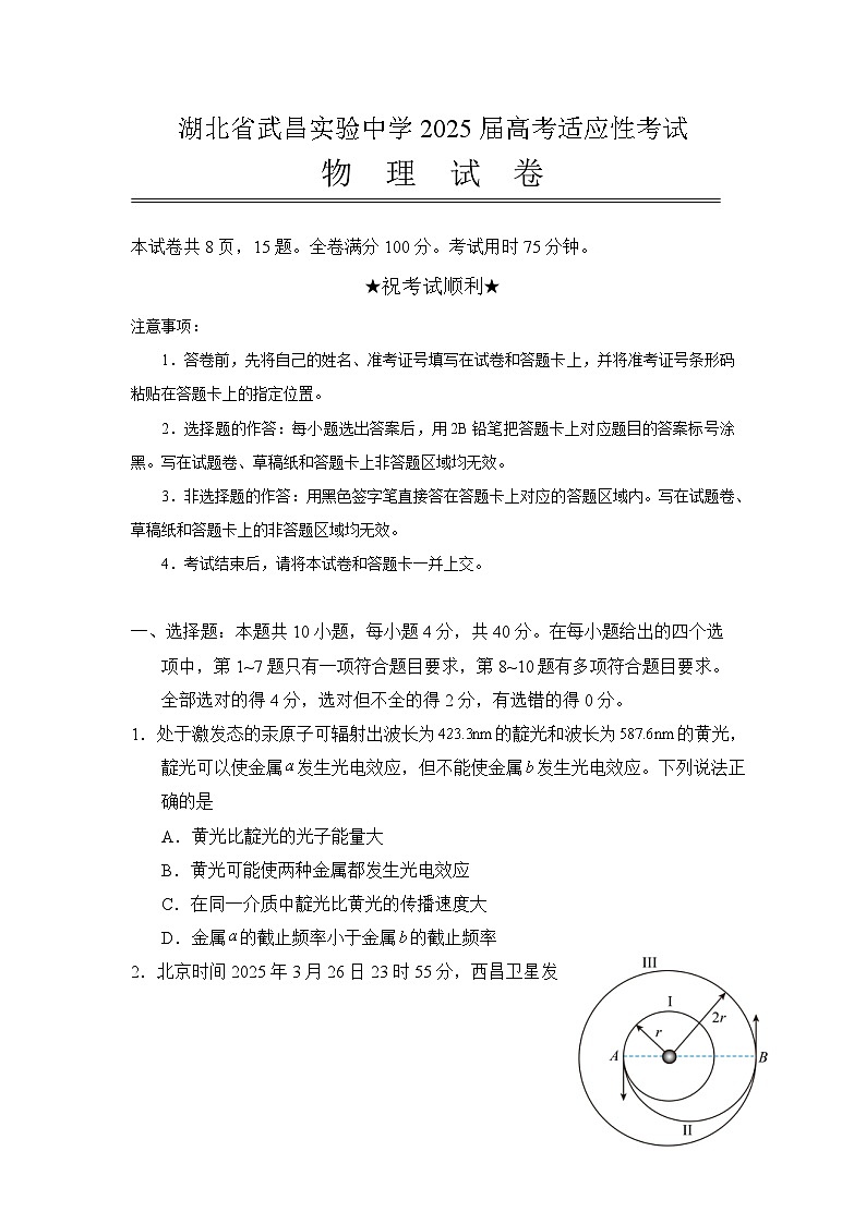 2025届湖北省武昌实验中学高三下学期高考适应性考试物理试卷（解析版）第1页