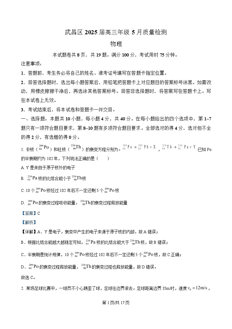 2025届湖北省武汉市武昌区高三下学期5月质量检测物理试题 （解析版）第1页