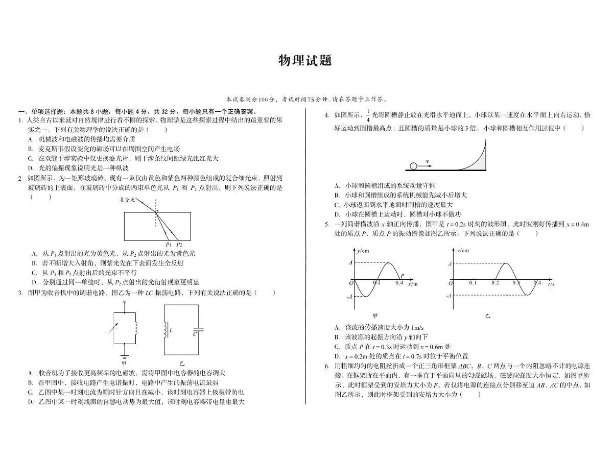 安徽省A10联盟2024-2025学年高二下学期5月学情调研考试物理试卷（PDF版附解析）第1页