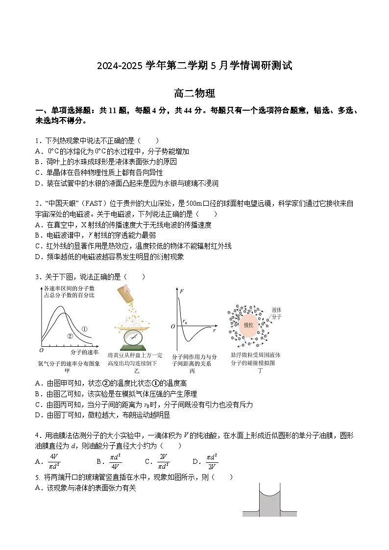 江苏省南京市六校联合体2024-2025学年高二下学期5月期中考试物理试题（Word版附答案）第1页