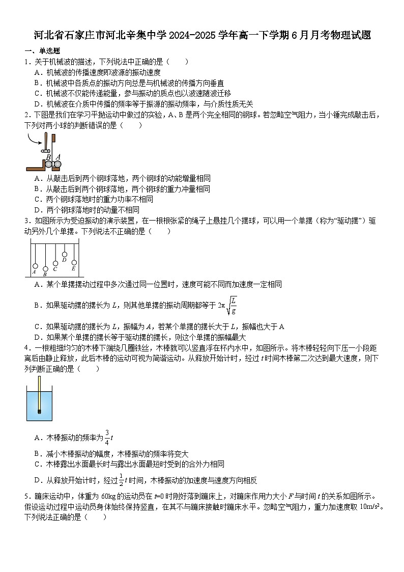 河北省石家庄市河北辛集中学2024-2025学年高一下学期6月月考物理试题第1页