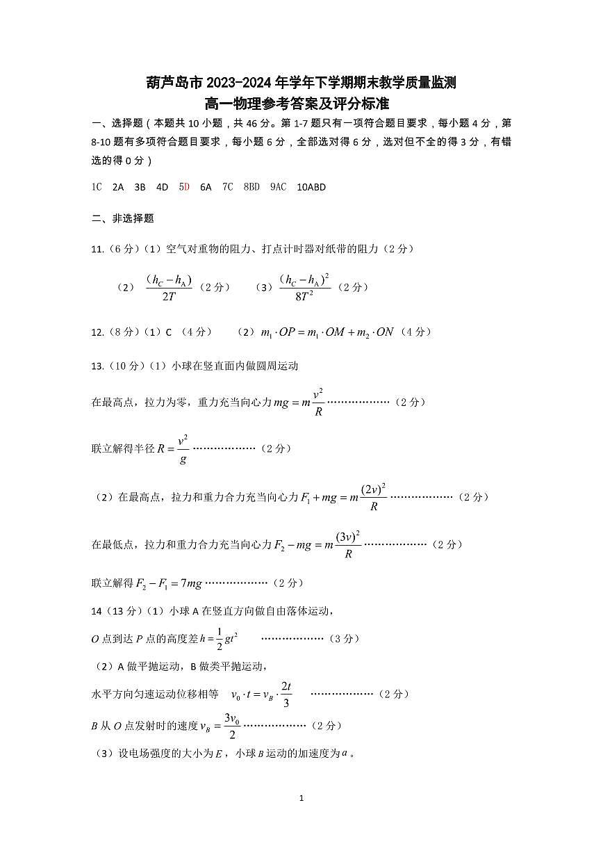葫芦岛市2024年7月期末考试高一物理参考答案第1页