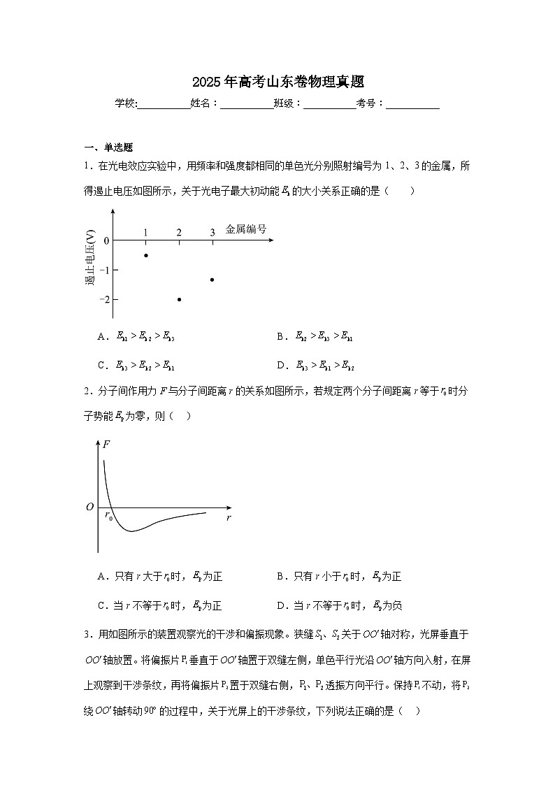 2025年高考山东卷物理真题（附答案解析）第1页