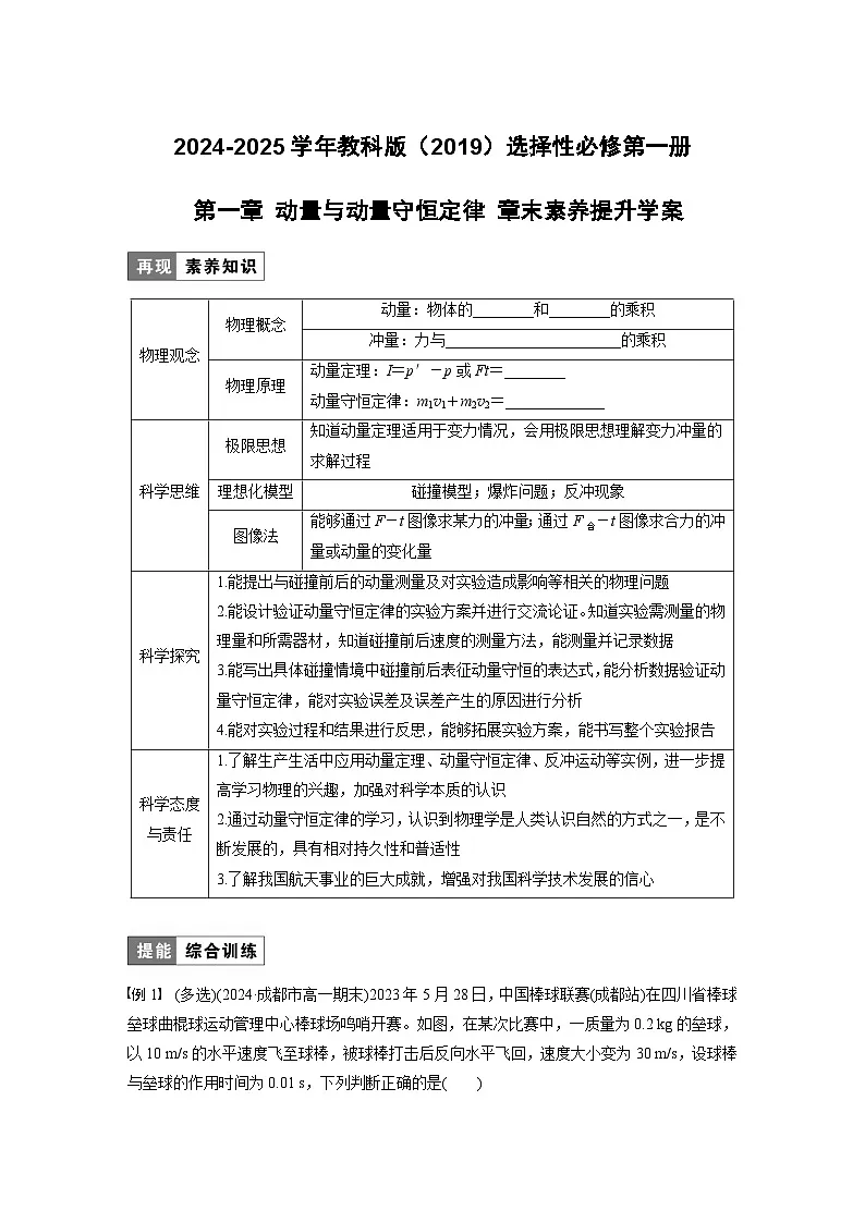 2024-2025学年物理教科版（2019）选择性必修第一册 第一章 动量与动量守恒定律 章末素养提升学案第1页
