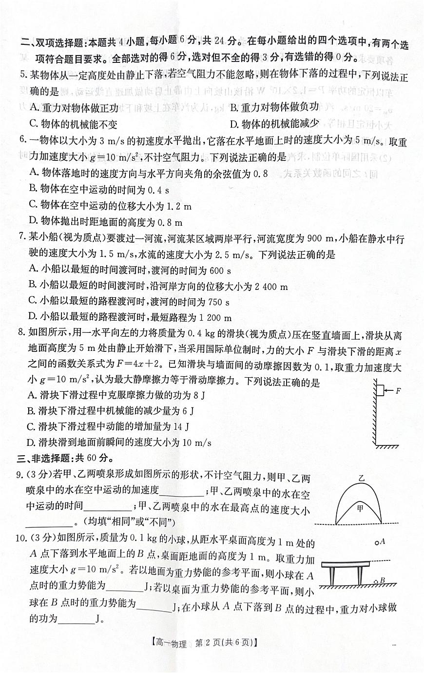 福建省龙岩市非一级达标校2024-2025学年高一下学期期中考试物理试题（PDF版附答案）第2页