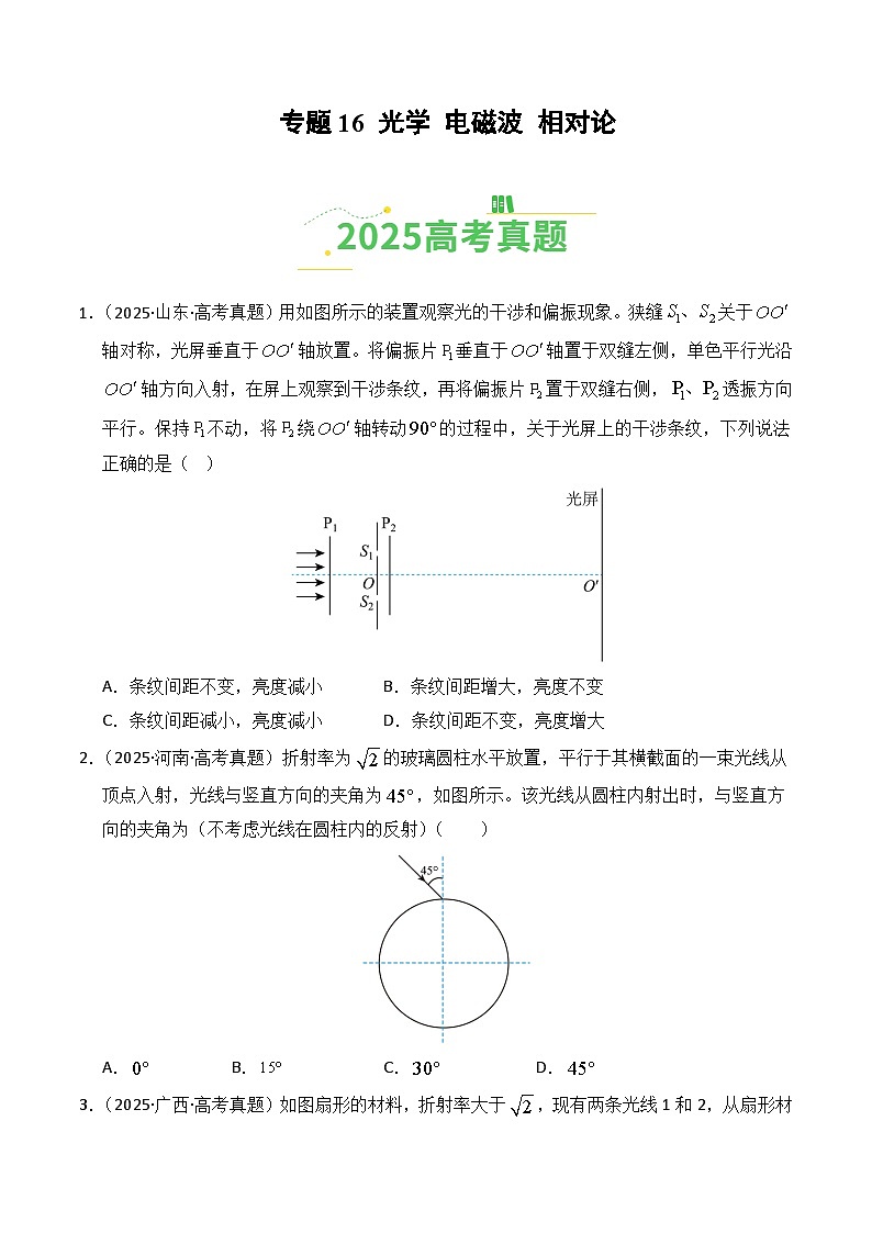 专题16 光学 电磁波 相对论（全国通用）（原卷版）第1页