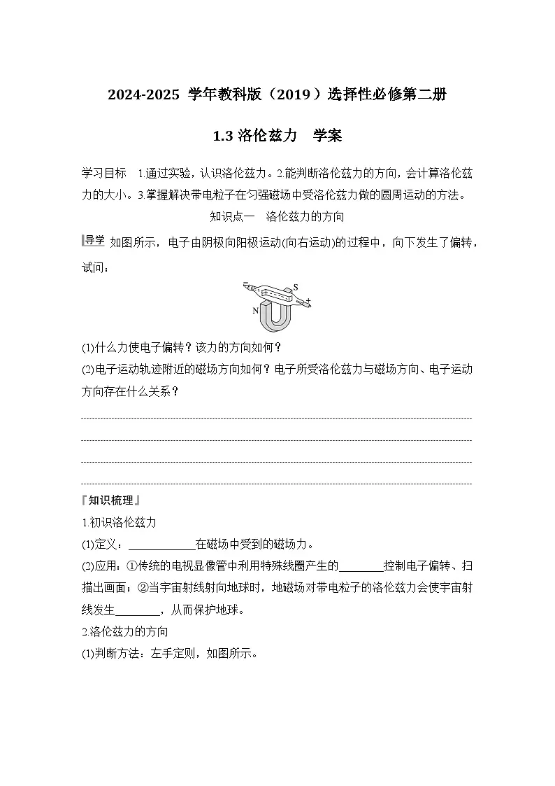 2024-2025学年物理教科版（2019）选择性必修第二册 1.3洛伦兹力 学案第1页