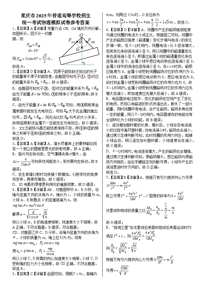 重庆市2025年普通高等学校招生全国统一考试物理模拟试卷参考答案第1页