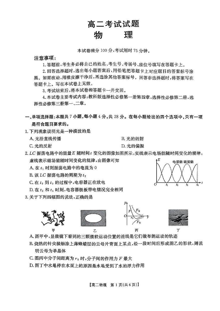四川省达州市渠县中学2024-2025学年高二下学期5月月考物理试题第1页