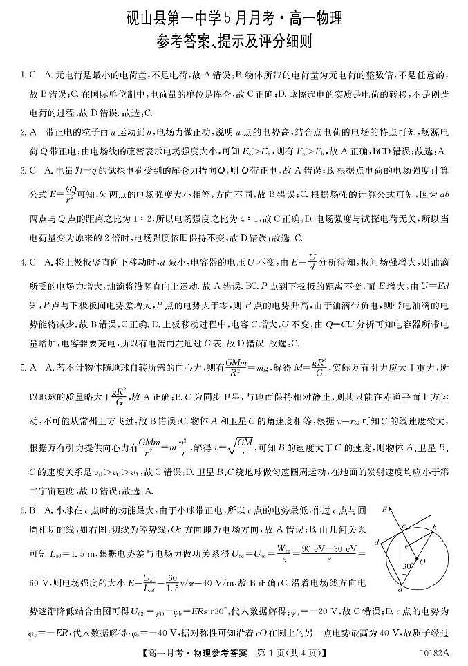 砚山一中高一年级5月物理卷 高一5月考-物理答案第1页