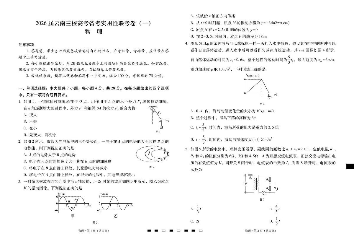 2026届云南三校高三备考实用性联考卷（一）物理试卷含答案解析第1页