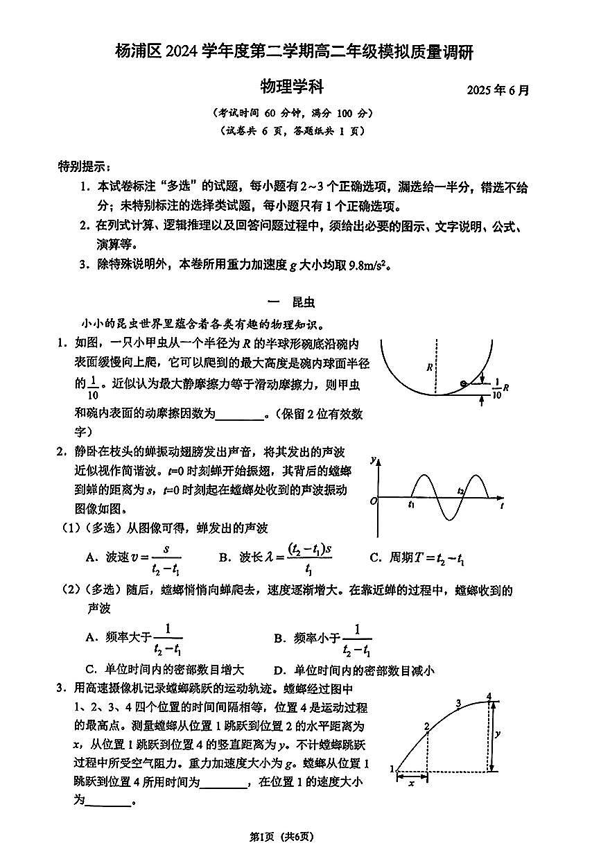 上海市杨浦区2024-2025学年第二学期高二物理期末试卷第1页