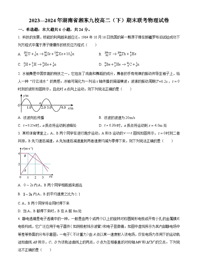 精品解析：湖南省湘东九校2023-2024年高二下学期期末联考物理试卷（原卷版）第1页