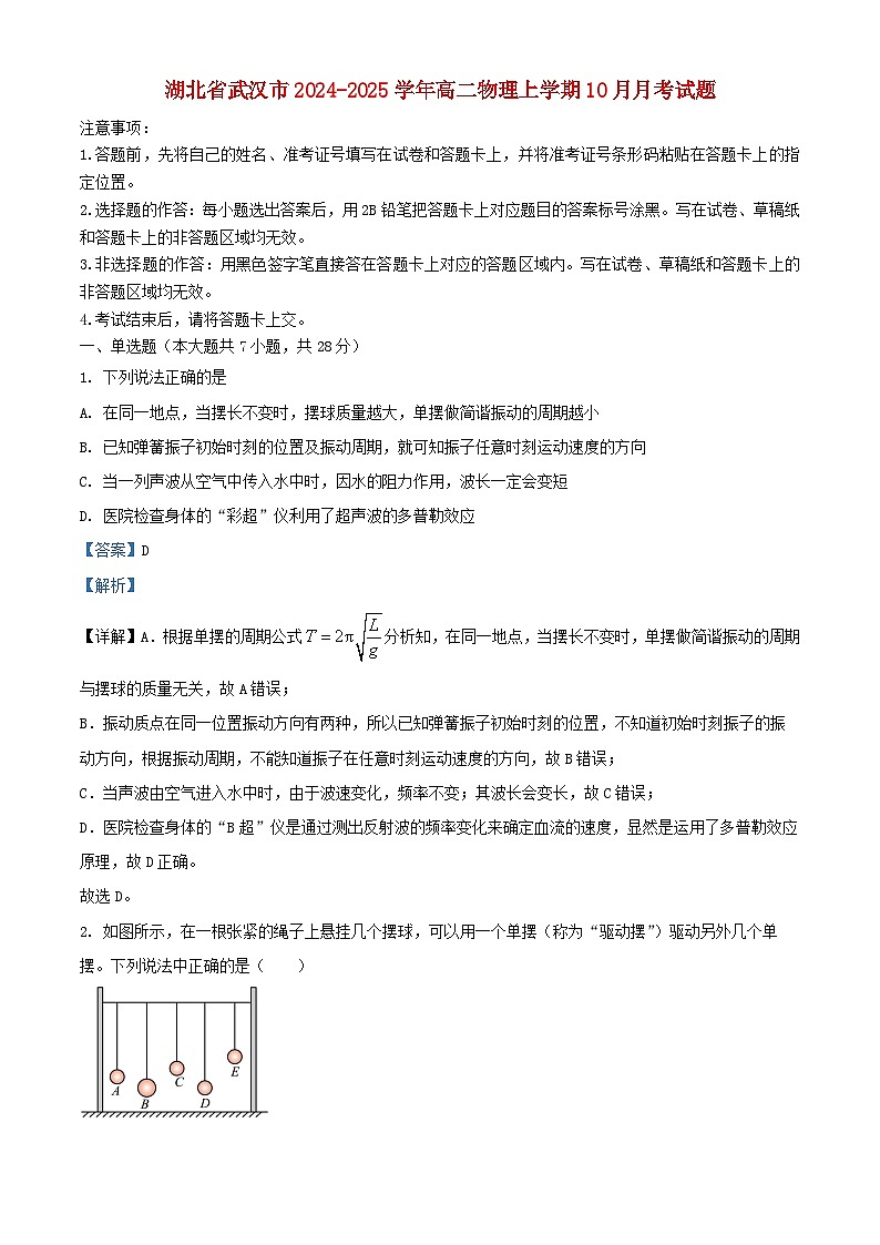 湖北省武汉市2024_2025学年高二物理上学期10月月考试题含解析第1页