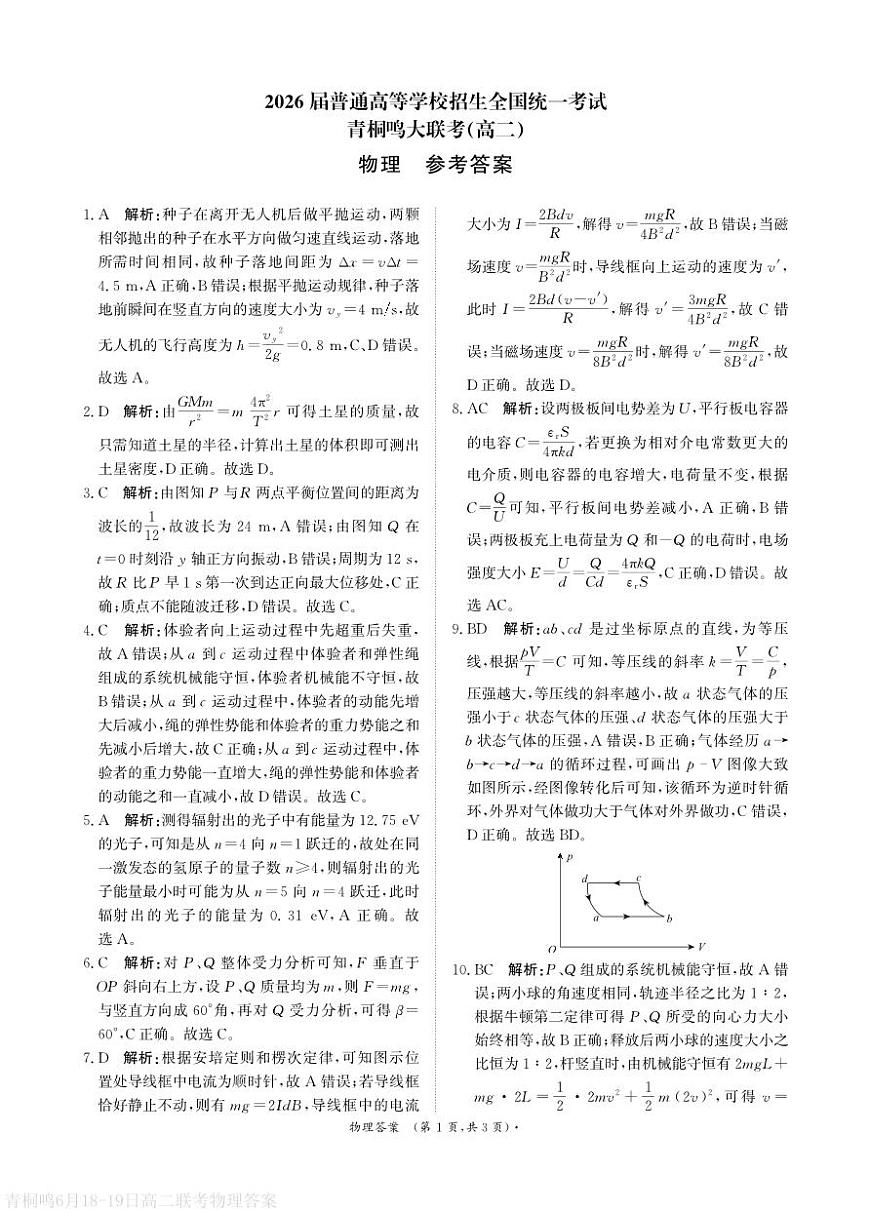 河南青桐鸣2025年高二下学期6月大联考物理答案第1页