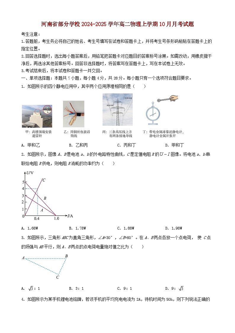 河南省部分学校2024_2025学年高二物理上学期10月月考试题含解析第1页