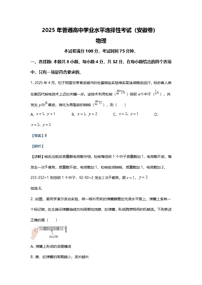 2025年高考安徽卷物理真题（解析版）第1页