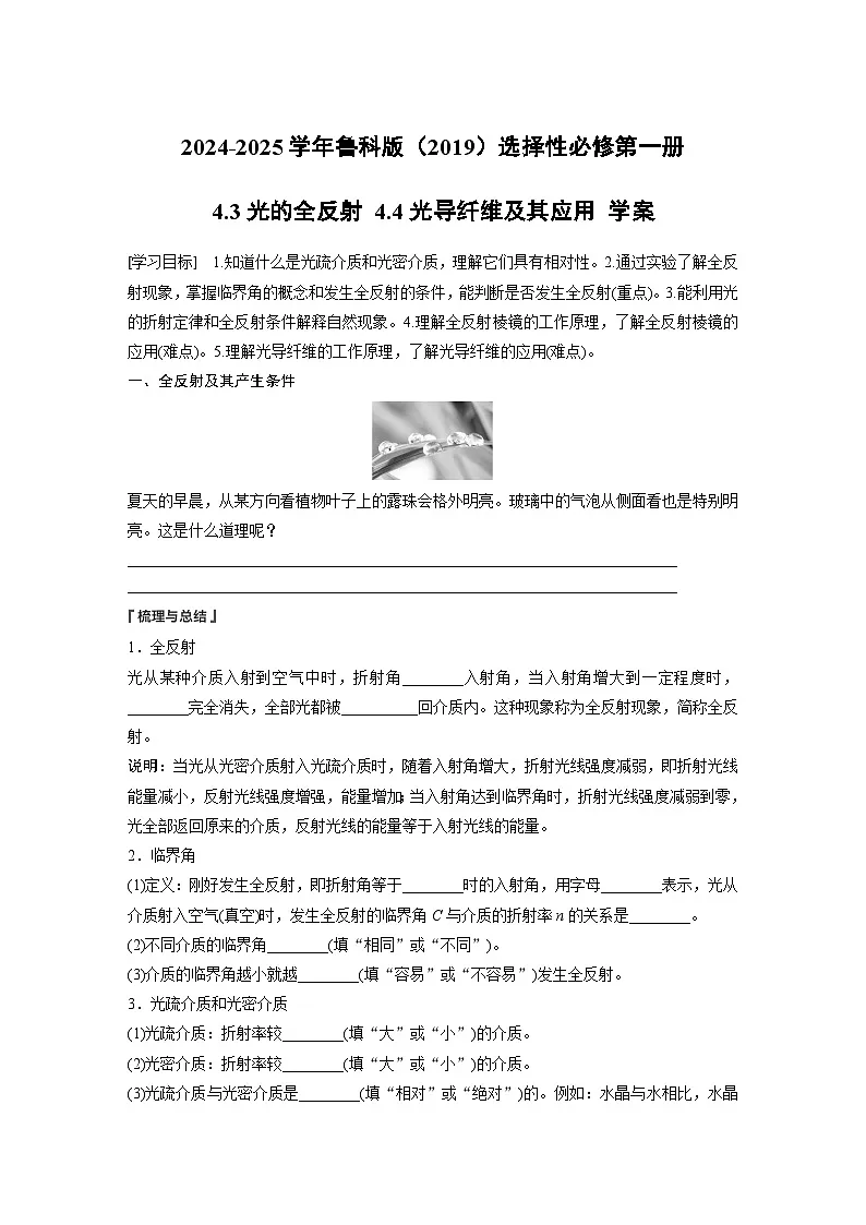 2024-2025学年物理鲁科版（2019）选择性必修第一册 4.3光的全反射 4.4光导纤维及其应用 学案第1页