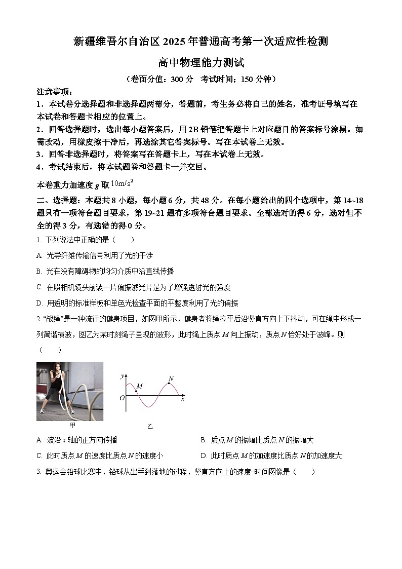 2025届新疆维吾尔自治区高三下学期第一次适应性检测理科综合试题-高中物理 Word版无答案第1页