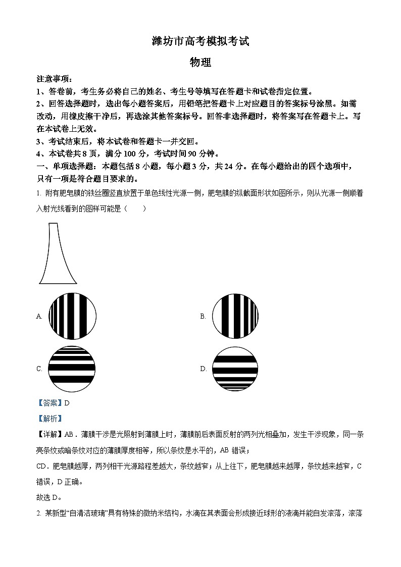2025届山东省潍坊市高三下学期三模物理试卷（解析版）第1页