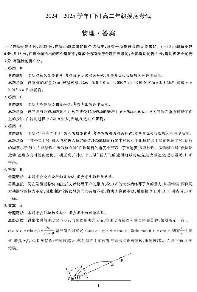物理高二摸底考试答案第1页