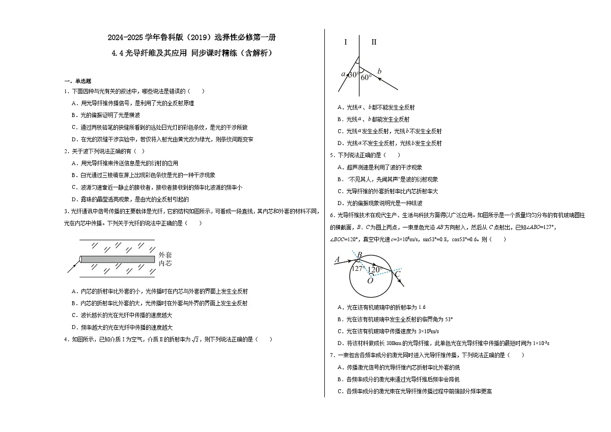 2024-2025学年物理鲁科版（2019）选择性必修第一册 4.3光的全反射 同步课时精练（含解析） (2)第1页