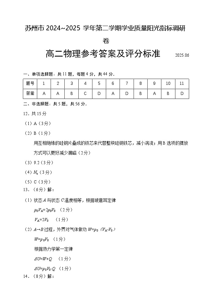 江苏省苏州市2024~2025学年第二学期学业质量阳光指标调研卷高二物理试卷答案第1页