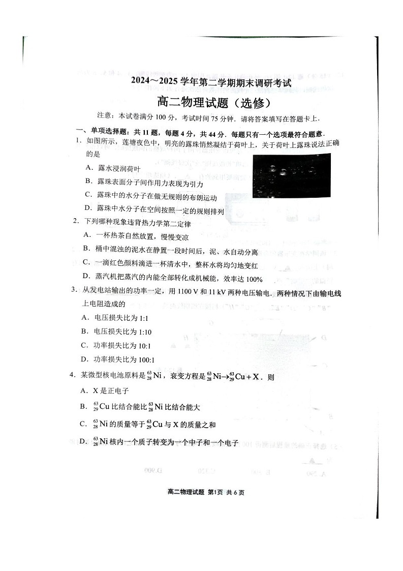 江苏省连云港市2024-2025学年高二下学期期末考试物理试卷第1页