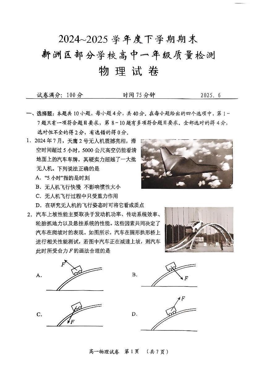 湖北省武汉市新洲区问津联盟2024-2025学年高一下学期6月期末考试物理试卷第1页
