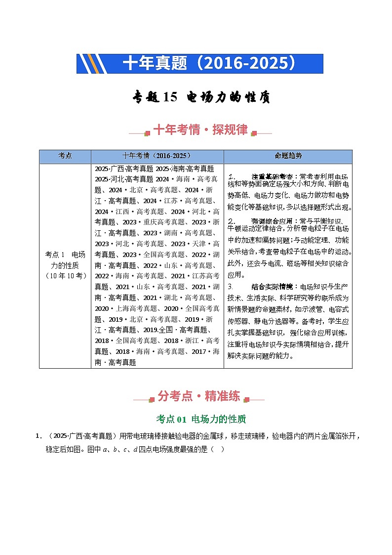 十年（2016-2025）高考物理真题分类汇编：专题15 电场力的性质（全国通用）（解析版）第1页