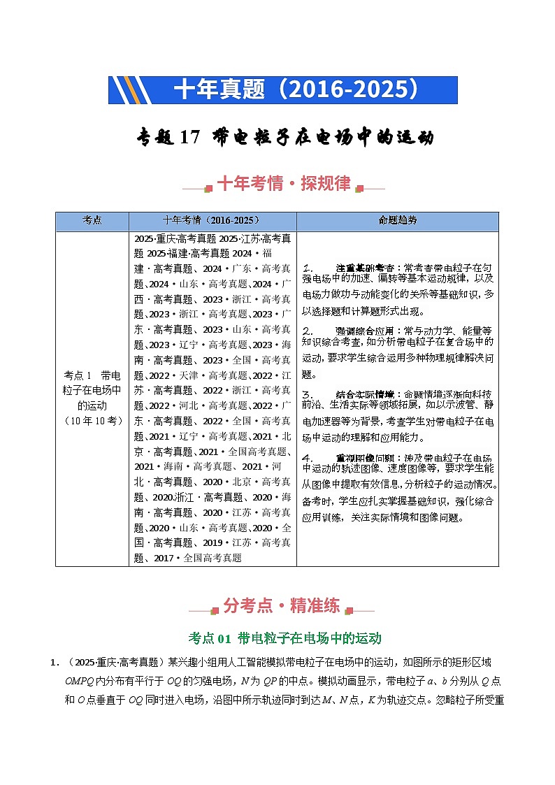 十年（2016-2025）高考物理真题分类汇编：专题17 带电粒子在电场运动（全国通用）（解析版）第1页