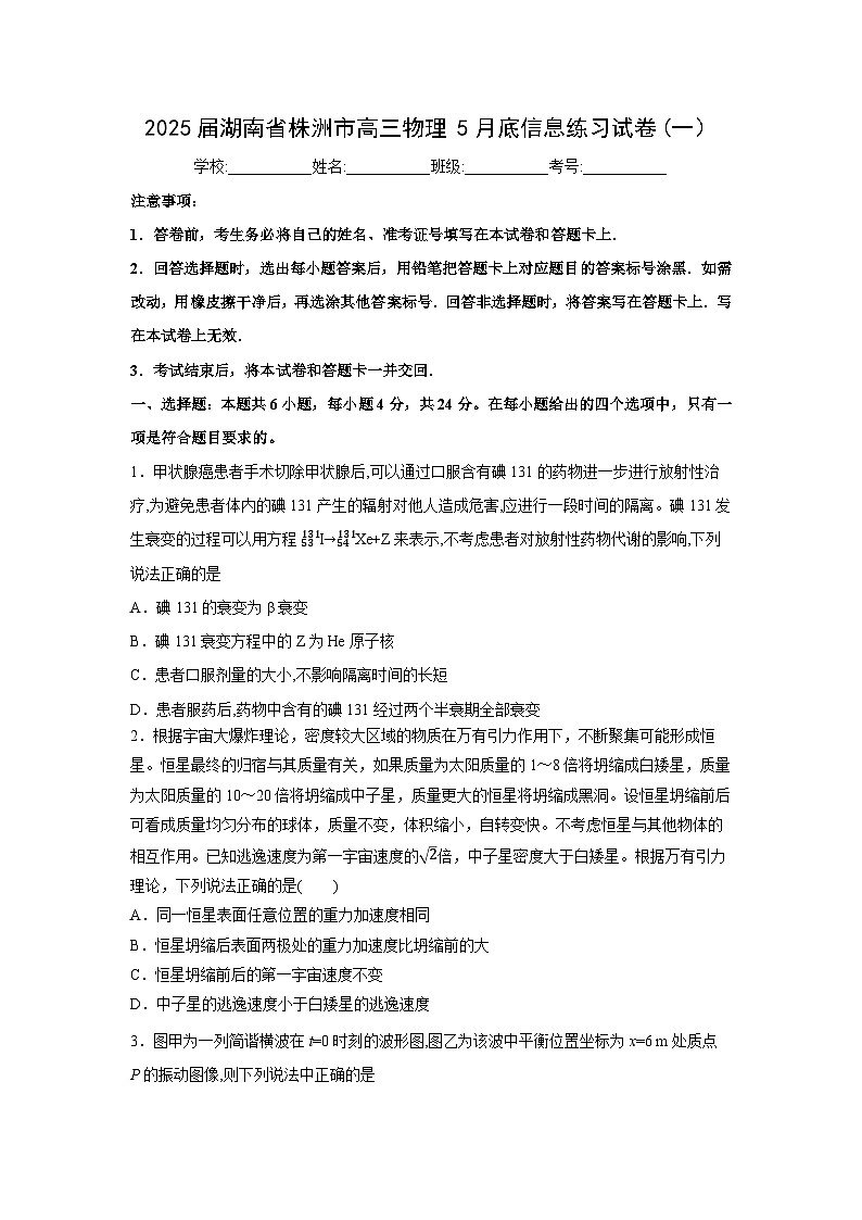 【物理】湖南省株洲市2025届高三下学期5月底信息练习试卷(一）（解析版）第1页