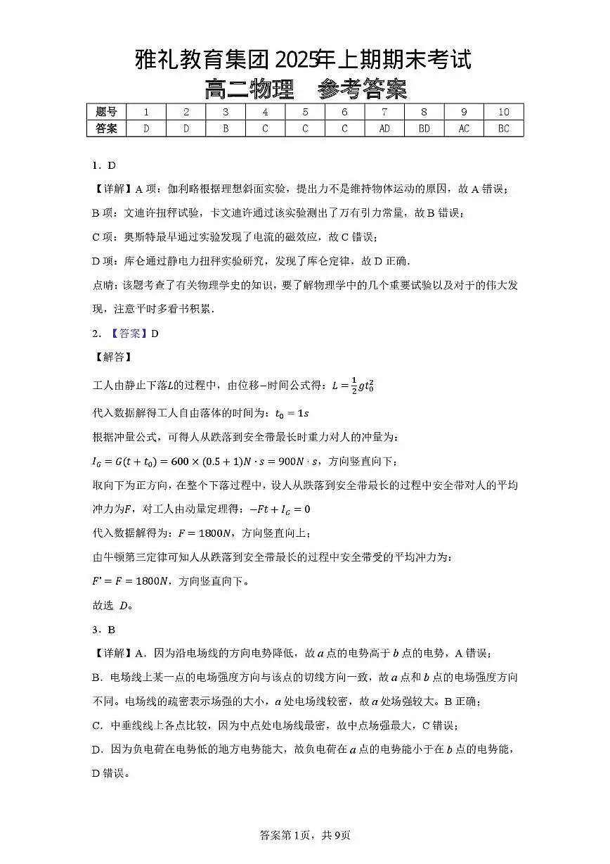 湖南雅礼中学2025年高二下学期6月期末物理答案第1页