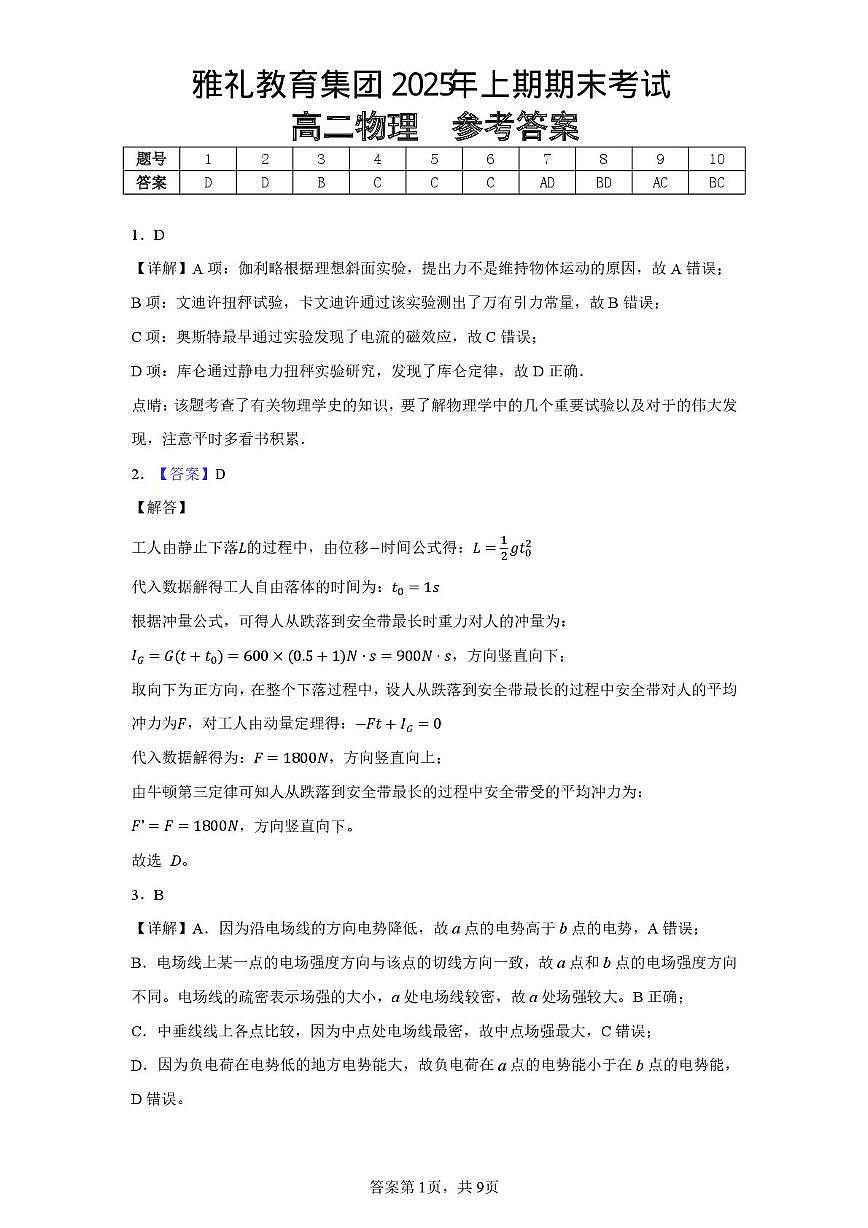 湖南雅礼中学2025年高二下学期6月期末物理答案第1页