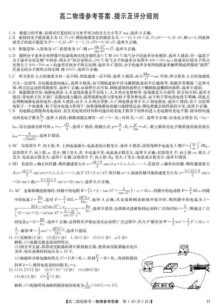 物理答案-摸底联考（H）第1页