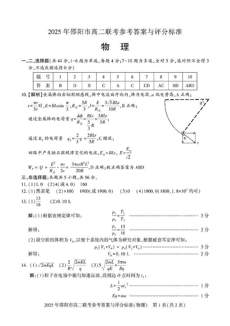 湖南邵阳市联考2025年高二下学期7月期末物理答案第1页
