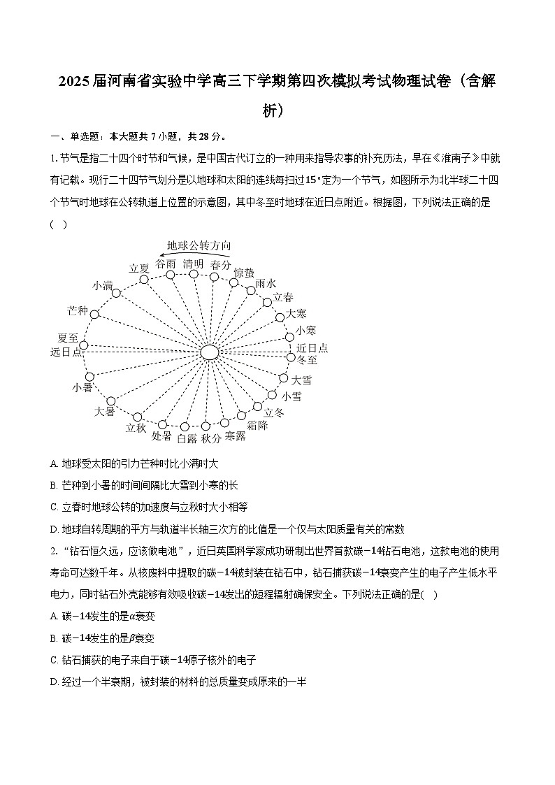 2025届河南省实验中学高三下学期第四次模拟考试物理试卷（含解析）第1页
