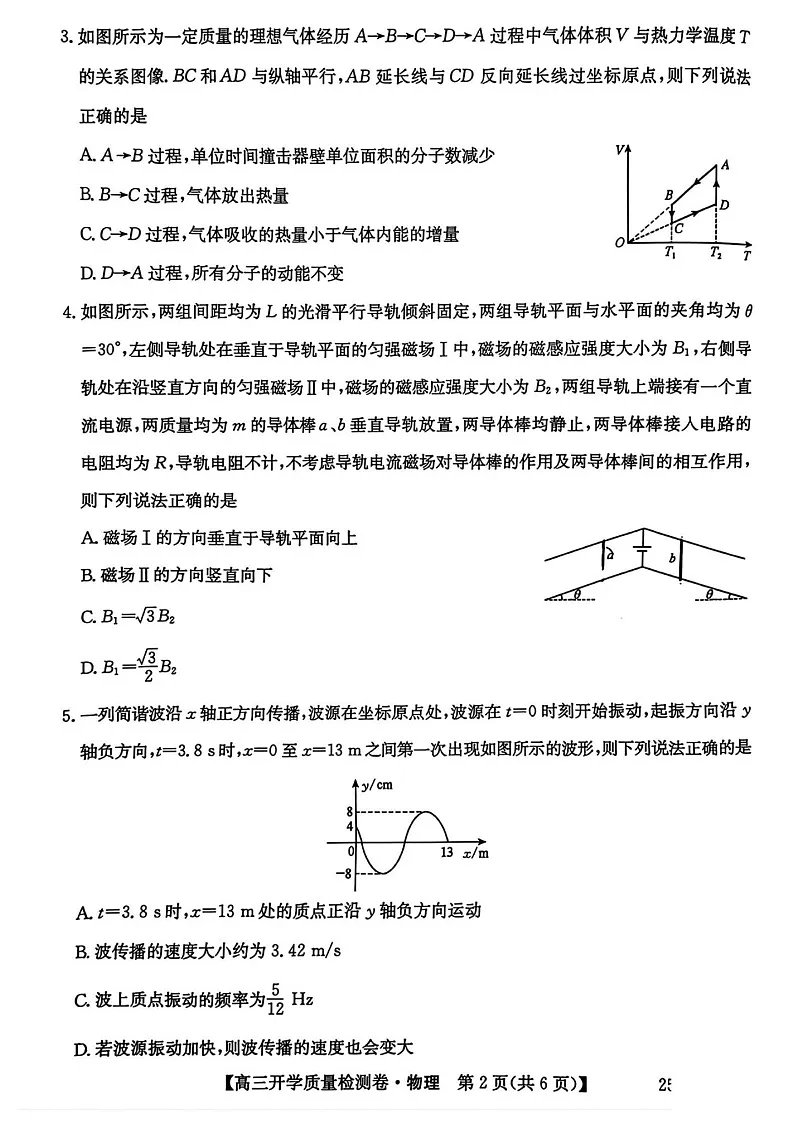 山西省卓越联盟2025届高三下学期2月开学质量检测-物理试卷（含答案）第2页