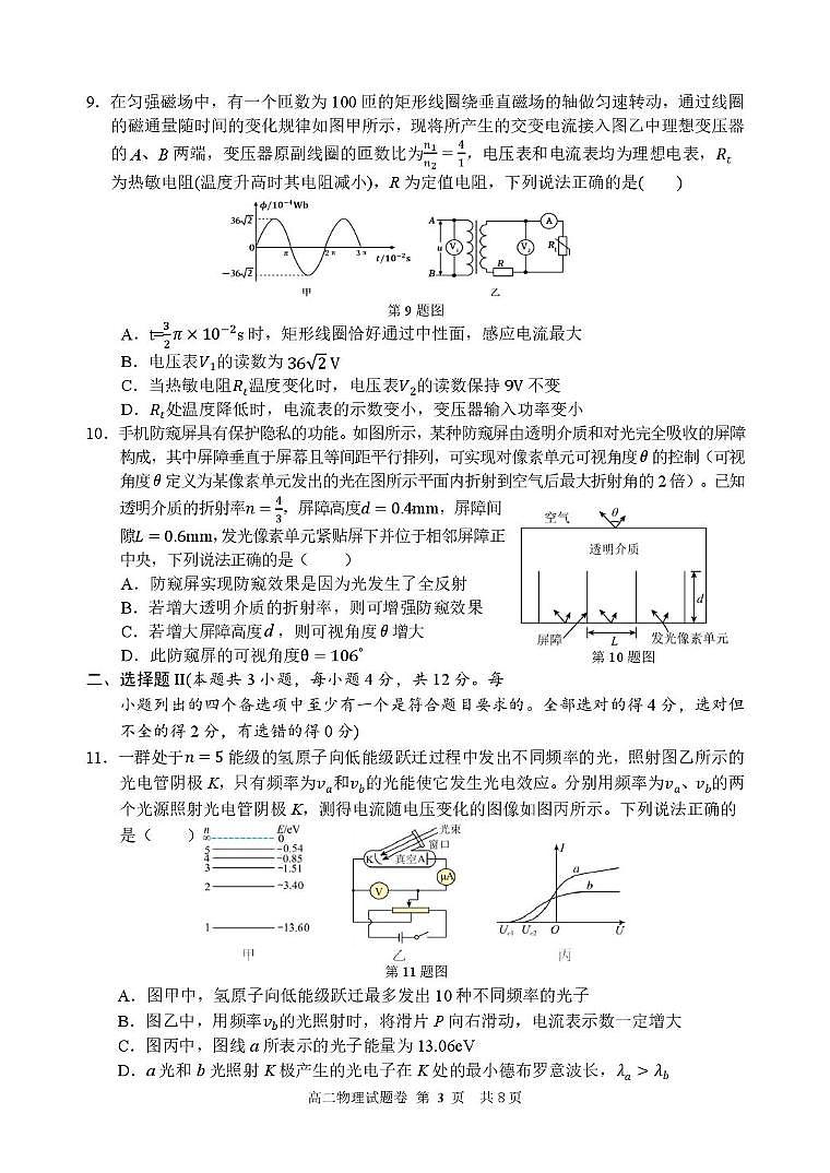 浙江省丽水市2024-2025学年高二下学期6月期末考试物理试卷（PDF版附答案）第3页