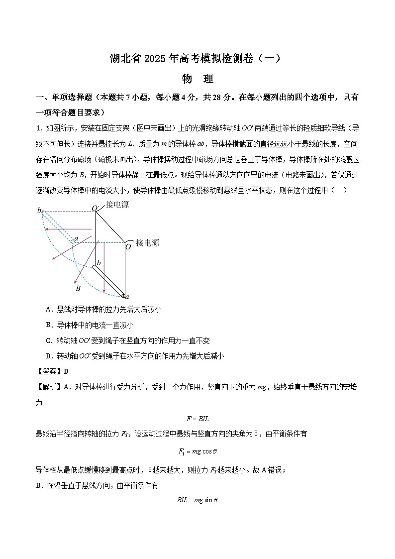 湖北省2025年高考模拟检测物理试卷（一）第1页