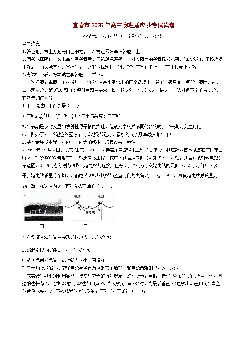 江西省宜春市2025届高三物理下学期4月模拟考试试题第1页